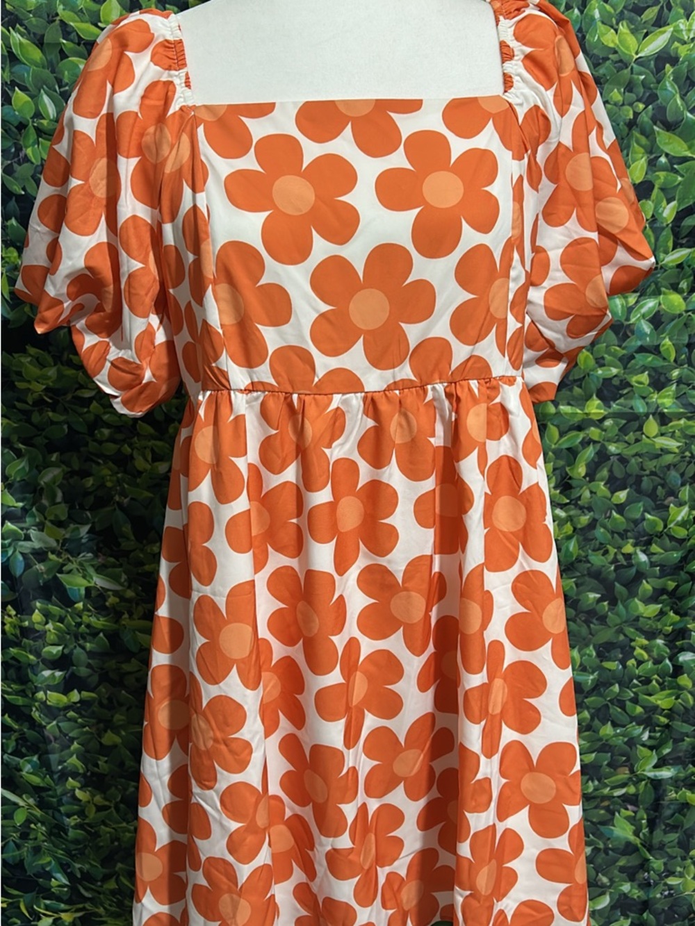 BiBi Orange and White Floral Square-Neck Puff-Sleeve Dress
